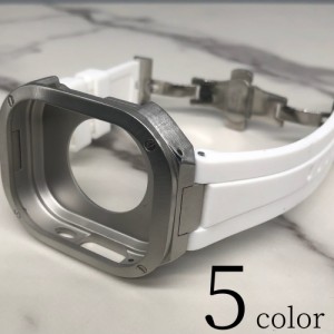 ホワイト★アップルウォッチバンド ラバーベルト カバー　ステンレス Apple Watch ケース 49mm ウルトラ　ultra メンズ レディース
