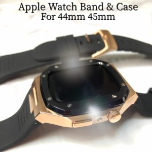 高級　アップルウォッチ バンド ケースバンド Apple Watch ベルト ステンレス ラバーベルト 44mm 45mm メンズ 