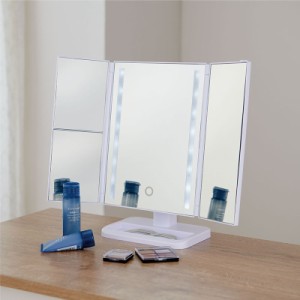 LED 卓上 三面鏡 １個 ホワイト スタンドミラーLEDライト付き 角度調節 拡大鏡付き 折りたたみ鏡 シンプル メイク 鏡