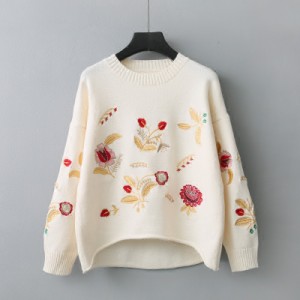 トップス セーター ニット 刺繍 花柄 可愛い 森ガール プルオーバー クルーネック フリーサイズ  #0520