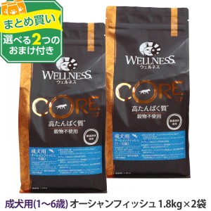 (選べる2つのおまけ付き)ウェルネスコア 高たんぱく質・穀物不使用 成犬用 1〜6歳  オーシャンフィッシュ 1.8kg×2袋 乳酸菌 成犬 グレイ