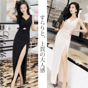スラッとウェストにホール★ハイスリットで綺麗な美脚★美しいタンク型のシンプルな細見せセクシーロング【キャバドレス/ロングドレス】