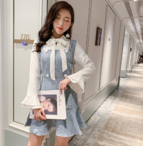 レディース ワンピース 秋服 ミニワンピース ミニ丈 ツィード ブラウス トップス 長袖 フリル レイヤード ガーリー カジュアル 大人可愛