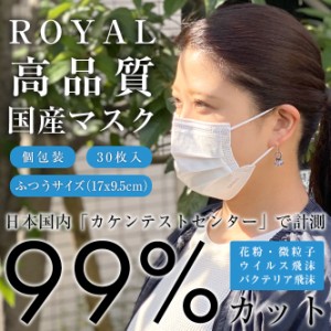 ROYAL 不織布マスク 日本製 国産 マスク 不織布 白 個包装 30枚入り ふつうサイズ 花粉 ウイルス飛沫 微粒子 バクテリア飛沫 99%カット 