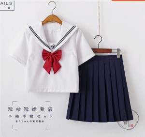 桜刺繍　コスプセーラー服半袖J正統K制服コスプレセーラー襟セーラー服制服ミニスカート学院風ロリータ 2本セーラー　プリーツスカート