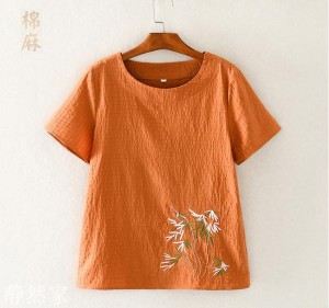 2点送料無料 レディース 中国風 半袖Tシャツ トップス チャイナ風　ゆったり 綿麻 ナチュラル エスニックリネン ふんわり 刺繍