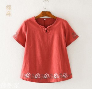 2点送料無料 レディース 中国風 半袖Tシャツ トップス チャイナ風　ゆったり 綿麻 ナチュラル エスニックリネン ふんわり 刺繍