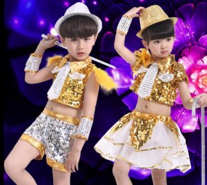 子供用 男の子　女の子 ステージ キラキラダンス衣装 キッズ セットアップ ガールズ スパンコール  トップス スカート チュチュ舞台衣装 