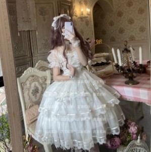 白仙气花嫁春夏ワンカラーゴスロリワンピース ドレス ロリィタ OP膝丈 Lolita ロリータ コスプレ エプロン 日常洋服リボン3段ゴージャス