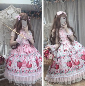 夏ピンクイチゴ柄可愛いJSKゴスロリワンピース ドレス ロリィタ OP膝丈 Lolita ロリータ コスプレ エプロン 日常洋服リボン