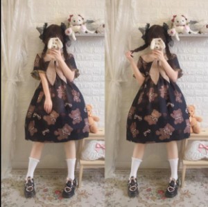 熊柄可愛い春夏ワンカラーゴスロリワンピース ドレス ロリィタ OP膝丈 Lolita ロリータ コスプレ エプロン 日常洋服リボン半袖