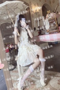 ワイトレースチャイナドレスフェアリー仙气花嫁春夏ワンカラーゴスロリワンピース ドレス ロリィタ OP膝丈 Lolita ロリータ コスプレ エ