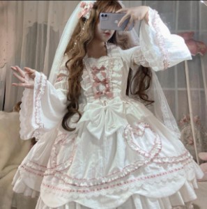 白仙气花嫁春夏半袖ワンカラーゴスロリワンピース ドレス ロリィタ OP膝丈 Lolita ロリータ コスプレ エプロン 日常洋服リボンゴージャス