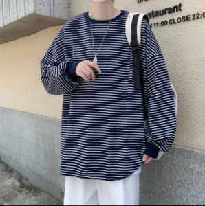 日系ボーダー柄 長袖 tシャツ メンズ ゆったり プルオーバー 初秋 カジュアル カップル  オールマッチ ボトムス トップス紳士メンズファ