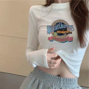 2023激安人気新品レディース長袖Tシャツハイウエストショートトップ薄いへそ女性シャツ 夜店 ボディコンスリムＴシャツ ショットタイプ 