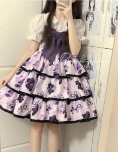 可愛い猫プリントLolita Kuluoニャー 3 段サスペンダースカートJSK春夏ワンカラーゴスロリワンピース ロリィタ ロリータ コスプレ ウェデ