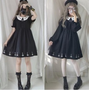 2点送料無料ゴスロリワンピース 黒 ドレス ロリィタ  長袖 短袖膝丈 Lolita ロリータファッション コスプレ魔女十字架 クロスコスプレ