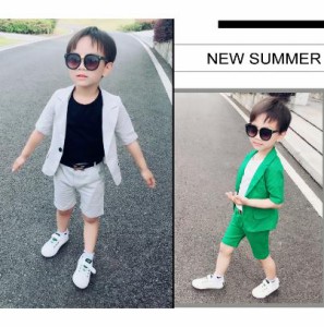 夏　男の子　キッズ服スーツ＋パンツ＋半袖シャツ+ネクタイ4点セット　フォーマルスーツ　テーラードジャケット入園式 無地