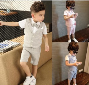 特価　男の子キッズ服　ベスト＋パンツ＋半袖シャツ+ネクタイ4点セット　フォーマルスーツ　テーラードジャケット公演入園式チェック