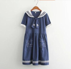 特価★新作　半袖 ワンピース マリン風 セーラー風ワンピース セーラー ワンピース セーラー服 ワンピ セーラーカラー 学院風 猫刺繍