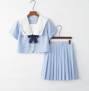 ゆり　ユリ刺繍♪新作コスプセーラー服　短袖正統JK制服コスプレセーラー襟セーラー服制服ミニスカート学院風ロリータ 変形襟