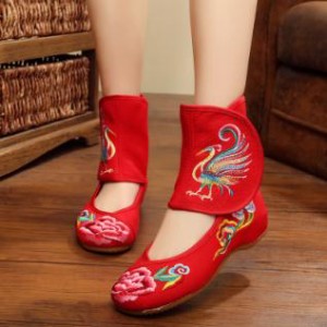 レディースシューズ チャイナ靴手作り北京布靴エスニックチャイナシューズカジュアル民族風鳳凰刺繍柄ミュール婦人ハイヒール長靴