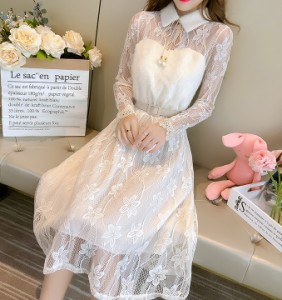 パーティ ドレス ワンピース もこもこ レース 透け感 シアー 花柄 ホワイト きれいめ 襟