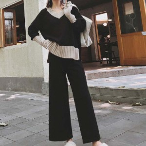 レディース 上下セット Vネック ニット セーター ワイドレッグパンツ ブラック M L XL 2XL 3XL 4XL 大きいサイズ 送料無料