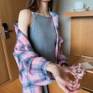 レディース ブラウス チェック柄 ロングシャツ トップス 長袖 イエロー ブルー ピンク M L XL 2XL 3XL 4XL 大きいサイズ 送料無料