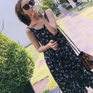 レディース ワンピース ミモレ丈 膝下丈 花柄 ノースリーブ ブラック S M L XL 2XL 大きいサイズ 送料無料