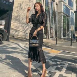 レディース ワンピース マーメイドスカート カシュクールワンピ Vネック シースルー 膝下丈 ミモレ丈 S M L XL サイズ 送料無料