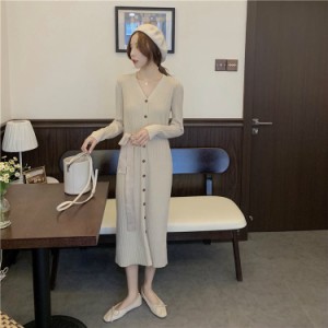 レディース ワンピース リブニットワンピ Vネック 長袖 ミモレ丈 膝下丈 ロング丈 スカート トップス カジュアル キュート 送料無料