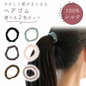 ヘアゴム 選べる 2色セット シルク 100% よく 伸びる かわいい シンプル 高級感 シュシュ レディース 伸縮性 髪留め ゴム 静電気 対策 お