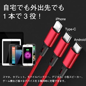 3in1 充電ケーブル タイプc 1.2m モバイルバッテリー 充電器 iPhone android type-c 多機種対応 高耐久ナイロン