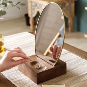 ミラー 鏡 卓上 スタンド 丸型 オーバル 木製台 楕円形 化粧鏡 真鍮フレーム おしゃれ インテリア 雑貨 66900