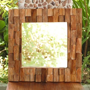 ミラー 壁掛け 木製 フレーム 木枠 正方形 チークウッド ナチュラル Mサイズ  W40xD3.5xH40cm  [10866]【 鏡 ミラー 枠付き ウォールミラ