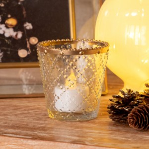 フラワーベース ガラス クリア ゴールド 花瓶 直径7.5cm 高さ7.5cm 模様入り キャンドルホルダー おしゃれ アンティーク調 小物入れ [942