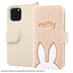 iPhone 11 Pro ミッフィー サガラ刺繍 手帳型ケース 帆布 ベージュ 立体的 ミラー付き カードポケット Dリング付き かわいい オシャレ