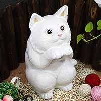 陶器 幸福猫(白)(大)ねこ置物 の可愛いネコ  置物 インテリア やき ねこ  信楽焼 おしゃれ 和風【手作り】