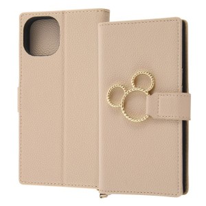 iPhone 14/ 13 『ディズニーキャラクター』/耐衝撃 手帳型レザーケース KAKU Ring/ミッキー_ミツマル/ベージュ