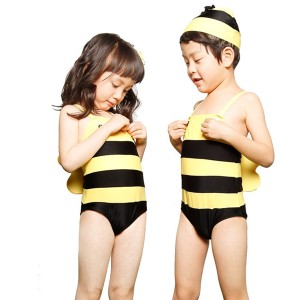 子供水着 男の子 女の子通用 アニマル柄 帽子付き 連体式水着 子ども 男児 幼児 キッズ水着 ジュニア ボーイ ハチ 蜂 ミツバチ DM便
