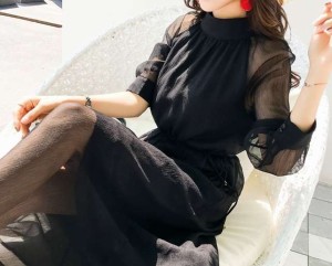 韓国 オルチャン ワンピース 袖 透け感 可愛い ワンピース パーティー ドレス 二次会 結婚式 ひざ丈 8部袖