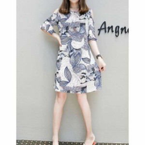 韓国 オルチャン ワンピース 花柄 5部袖 オープンショルダー 可愛い ボタニカル柄 カットショルダー ひざ丈 ワンピース
