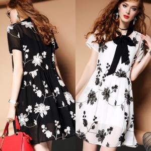 ワンピース レディース 花柄ワンピース Aラインワンピース ショート ミニ 色違い リボンタイ 半袖 モノクロ 白 黒 ボタンの通販はau Wowma ワウマ Happy Toon Wowma店 商品ロットナンバー