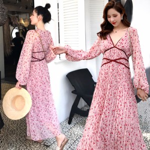 ワンピース レディース 花柄ワンピース シフォンワンピース ロング ワンピ Vネック プリーツ ウエストゴム 長袖 Aラインの通販はau Wowma ワウマ Happy Toon Wowma店 商品ロットナンバー