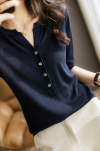 シルクニット 半袖VネックTシャツ