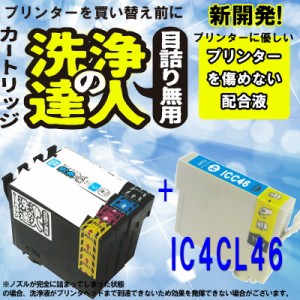 【印刷トラブルお任せ】洗浄の達人　エプソン　EPSON IC46　IC4CL46 高品質汎用インクと洗浄液 IC46C シアン　　洗浄液1本とインク1本の2