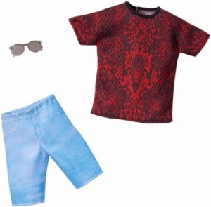 Barbie バービーファッションパック：赤と黒の模様のTシャツ、青いショートパンツ、1組のサングラス、3-8歳の子供用のケン人形の服