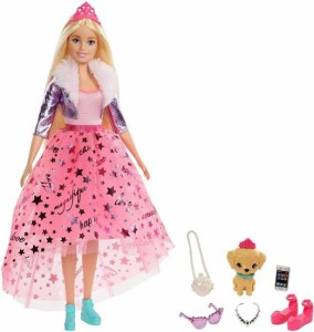 Barbie プリンセスファッションのバービープリンセスアドベンチャードール（12インチブロンド）ペットの子犬とバービー人形、2ペアの靴、