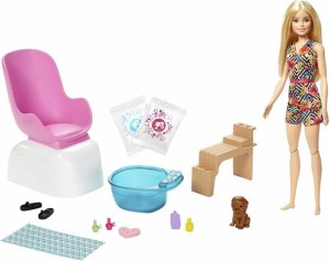 Barbie バービー Mani-Pedi Spa Playset with Blonde バービー Doll、Puppy、Foot Spa＆Accessories、2つの華麗なパックは、泡立ちフット